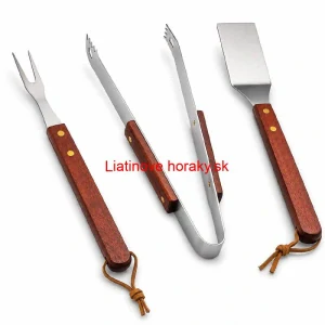 Grilovacie náradie BBQ – súprava 3 ks, nerez a drevo, 33 cm
